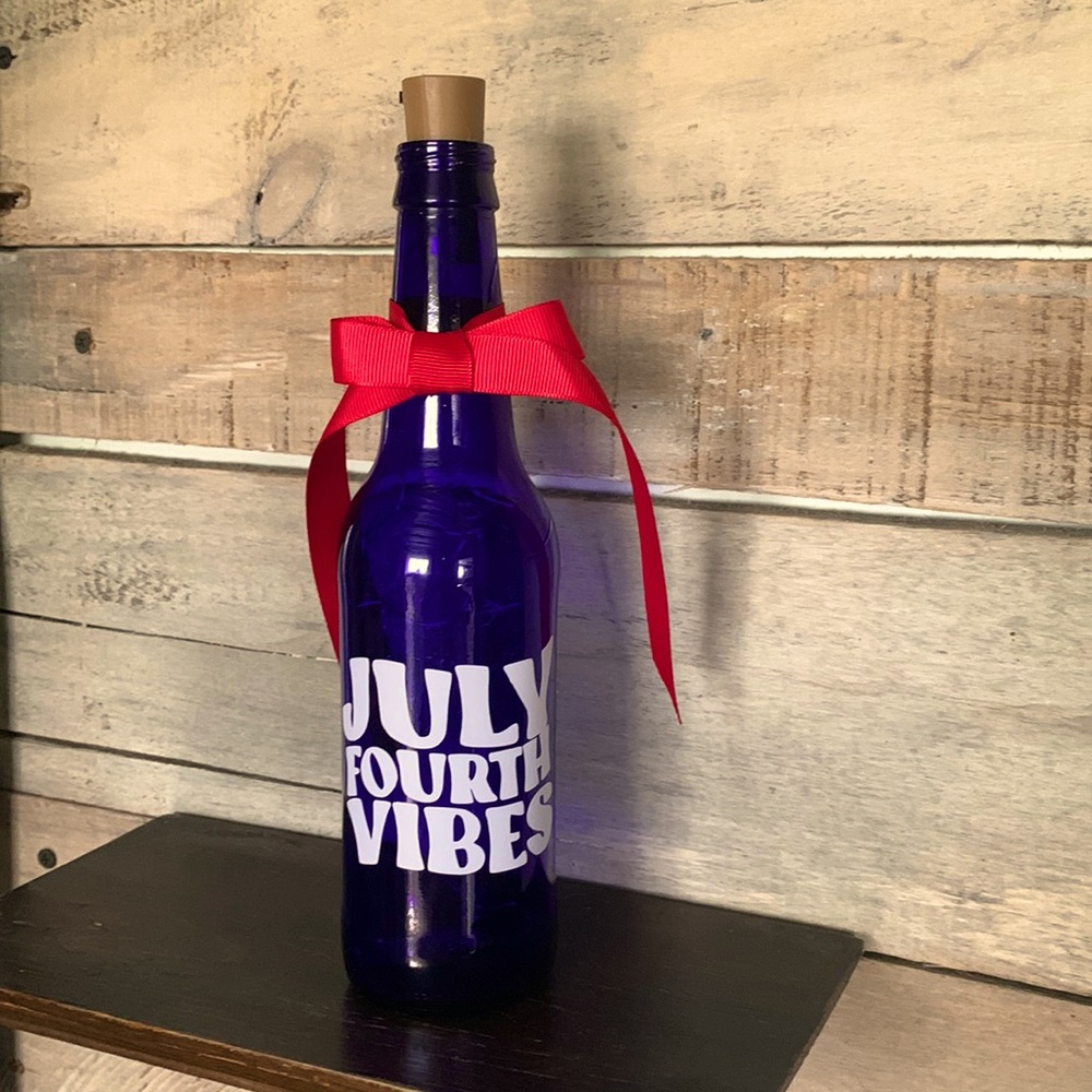 Hand Crafted- ‘July Fourth Vibes’ blue bottle lantern